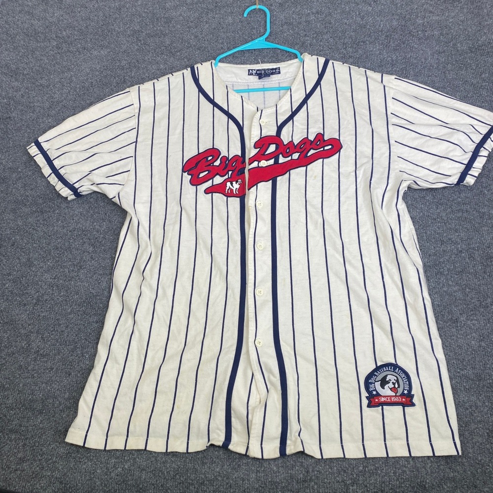 Big Dogs Baseball Jersey Mens Large White Navy Pinstripe Button Up Shirt Vintage